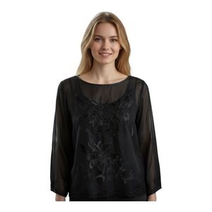 Victoria's Secret Black‎ Sheer Floral Embroidered Lace Trim Blouse Top